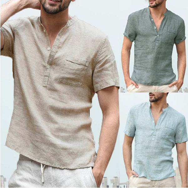 Casual Linen Solid Color V Neck Beach Shirt - Frazeshop