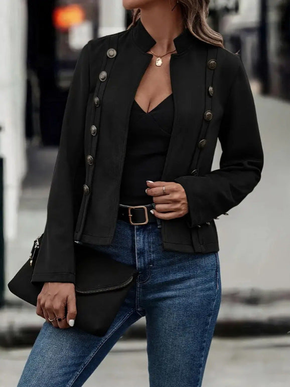 Solid Short Jacket - Retro Suede Long Sleeve Outwear Jacket