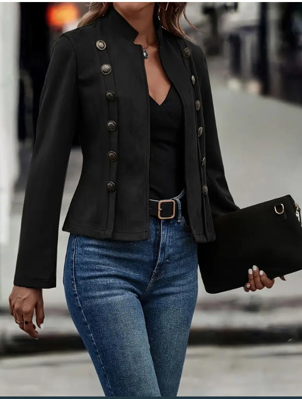 Solid Short Jacket - Retro Suede Long Sleeve Outwear Jacket