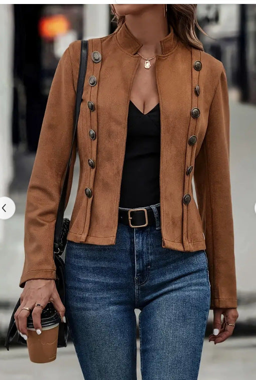 Solid Short Jacket - Retro Suede Long Sleeve Outwear Jacket