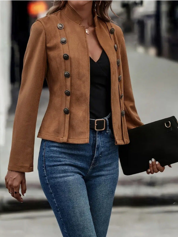 Solid Short Jacket - Retro Suede Long Sleeve Outwear Jacket