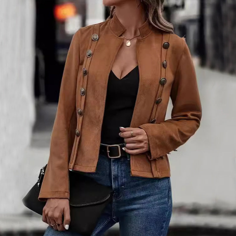 Solid Short Jacket - Retro Suede Long Sleeve Outwear Jacket