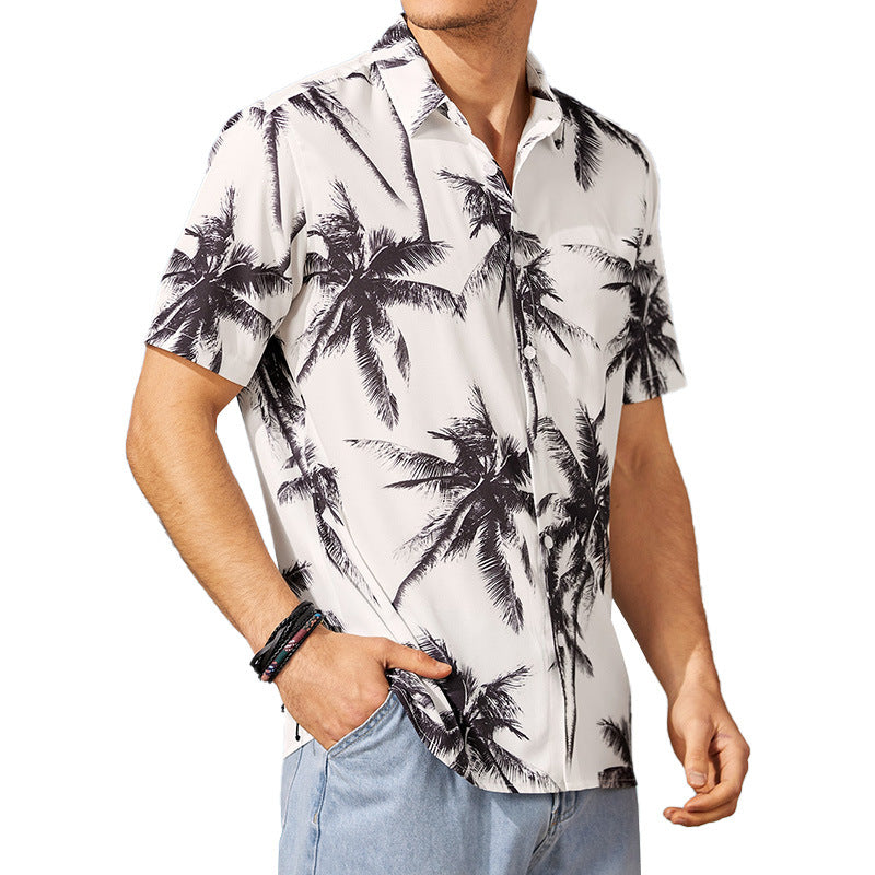 Mens Hawaiian Beach Print Casual White Short Sleeves - Frazeshop