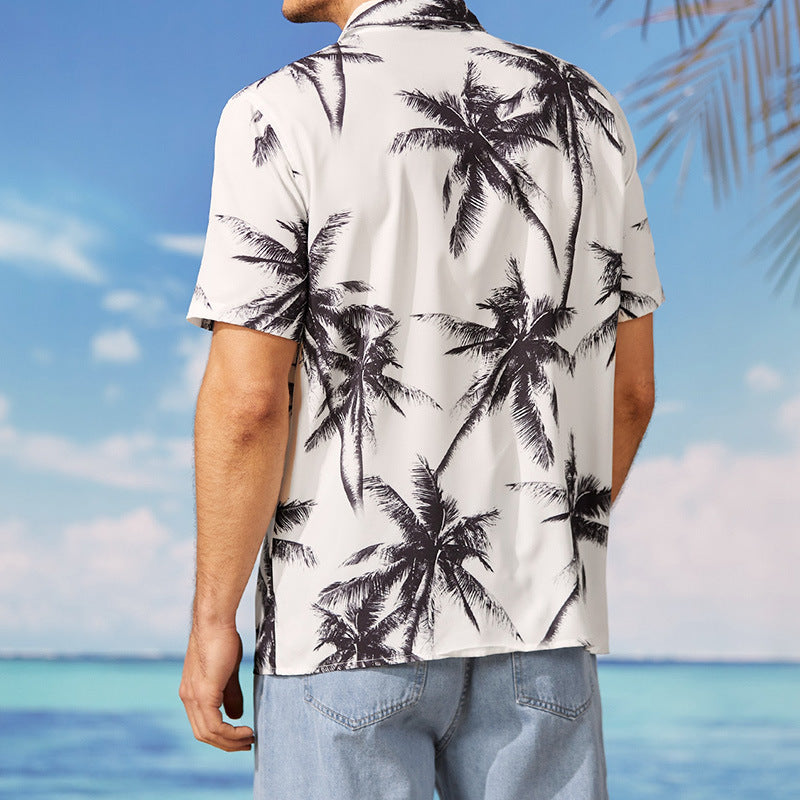 Mens Hawaiian Beach Print Casual White Short Sleeves - Frazeshop