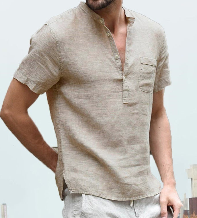 Casual Linen Solid Color V Neck Beach Shirt - Frazeshop