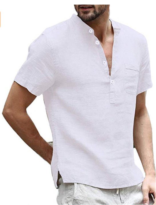 Casual Linen Solid Color V Neck Beach Shirt - Frazeshop
