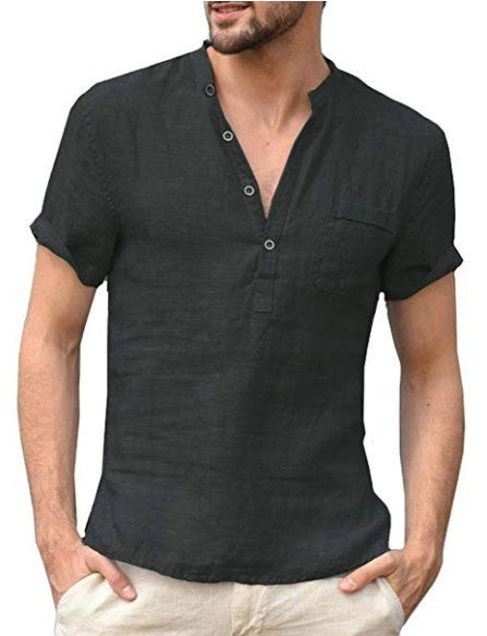 Casual Linen Solid Color V Neck Beach Shirt - Frazeshop