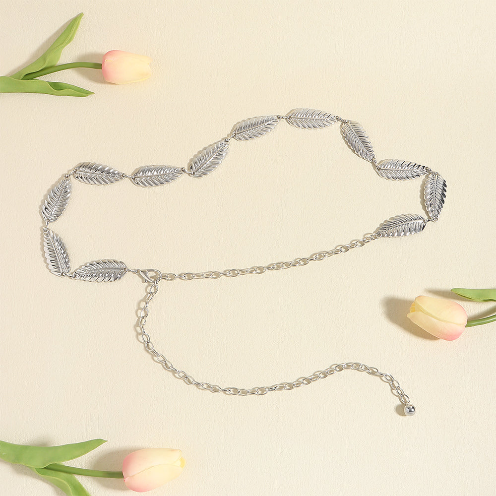Metallic Silver Women's Waist Chain (Feather Leaves Design) - Frazeshop