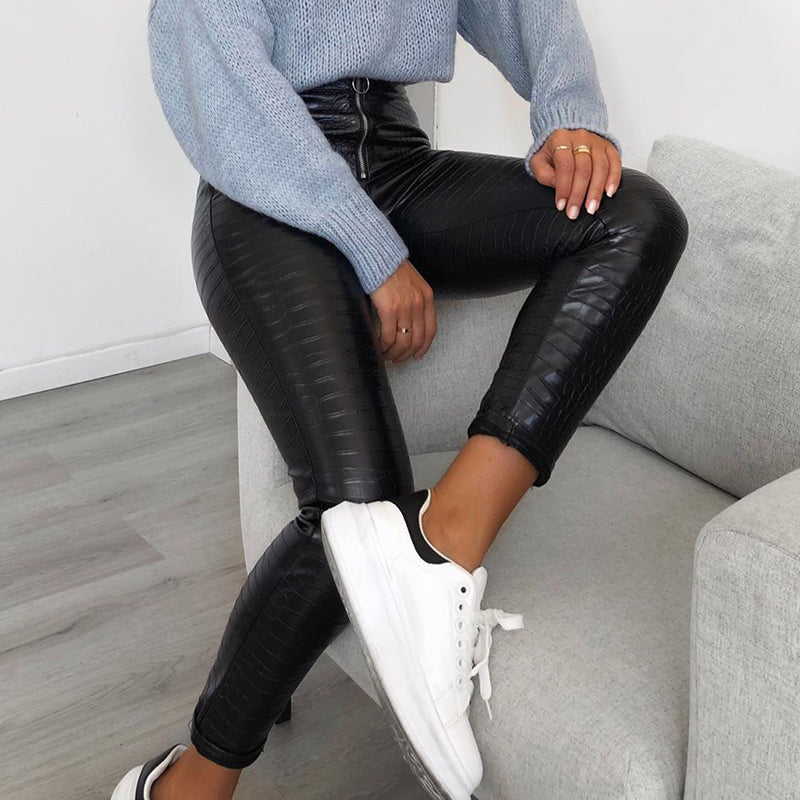 High-Waisted Crocodile Pattern Skinny Pants