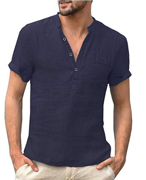 Casual Linen Solid Color V Neck Beach Shirt - Frazeshop