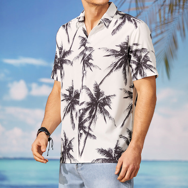 Mens Hawaiian Beach Print Casual White Short Sleeves - Frazeshop