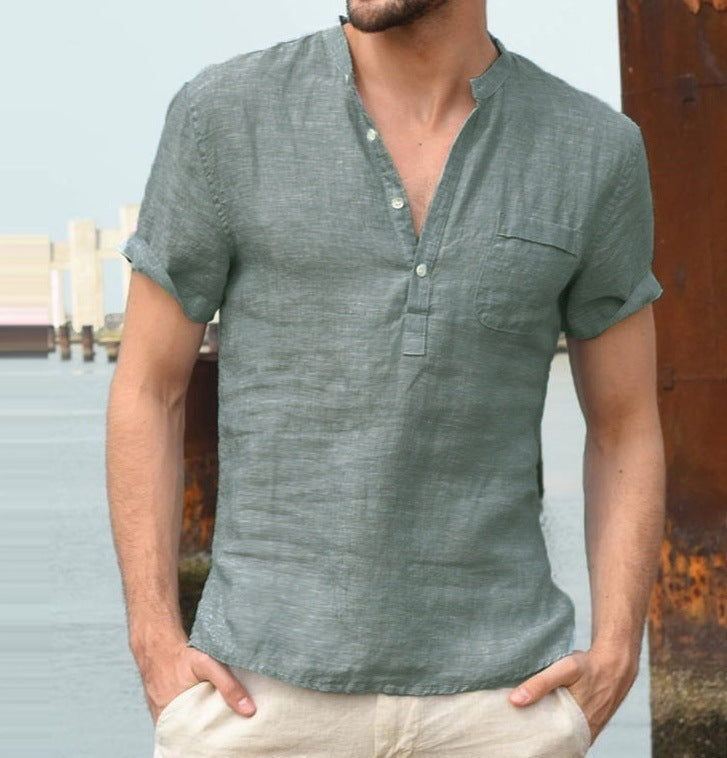 Casual Linen Solid Color V Neck Beach Shirt - Frazeshop