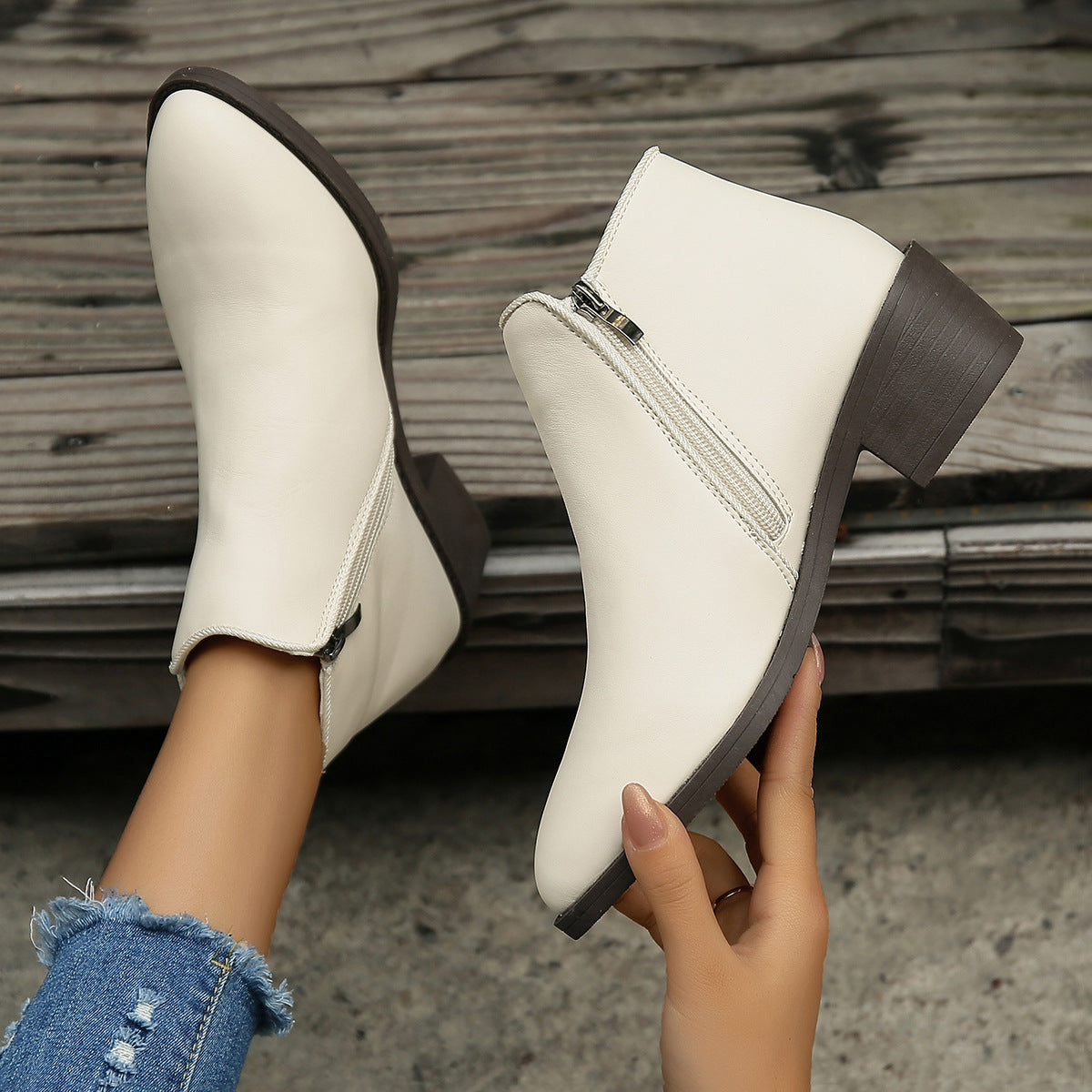 Mid Heel Ankle Boots (Waterproof with Side Zipper) - Frazeshop