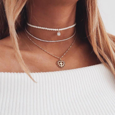 Pearl Drops Love Necklace Rhinestone Multilayer Wedding Clavicle Chain - Frazeshop