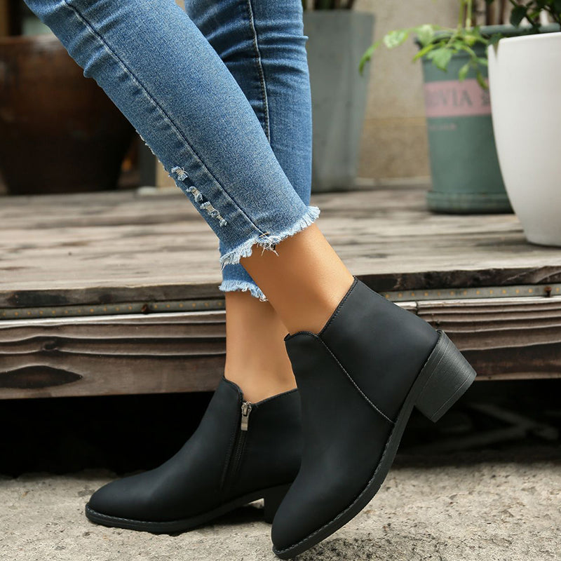 Mid Heel Ankle Boots (Waterproof with Side Zipper) - Frazeshop