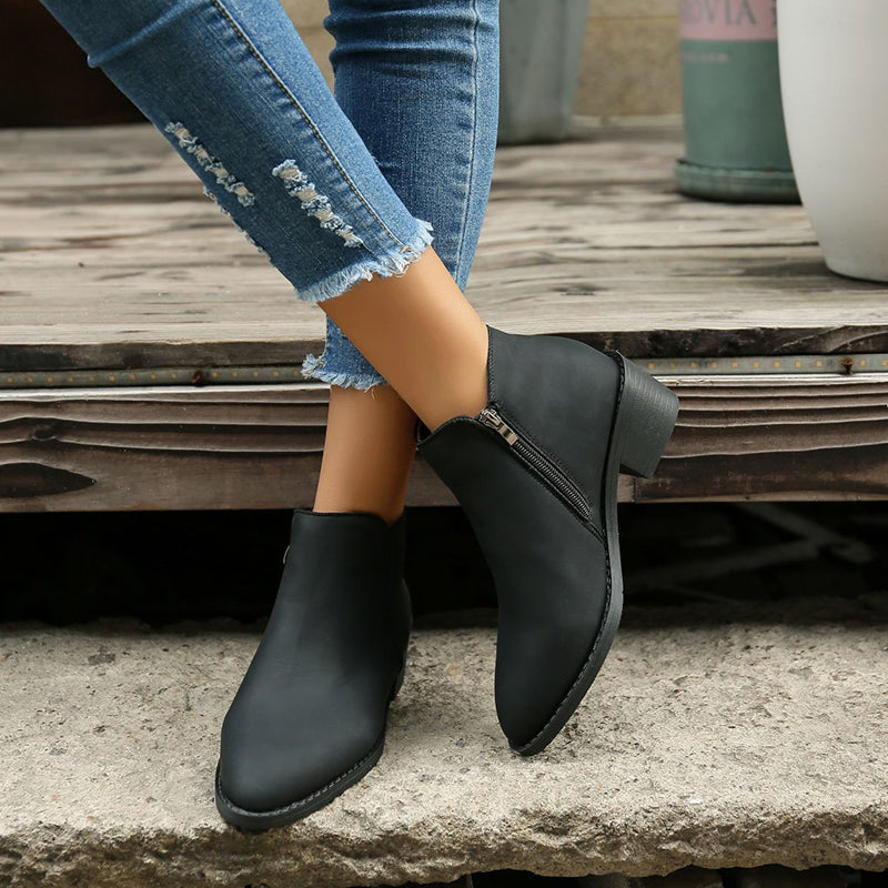 Mid Heel Ankle Boots (Waterproof with Side Zipper) - Frazeshop