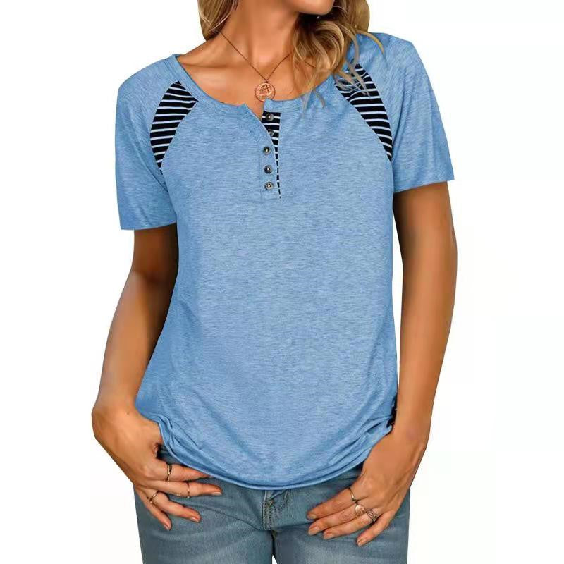 Womens Short Sleeve Printed Striped Casual TShirt Top - Frazeshop