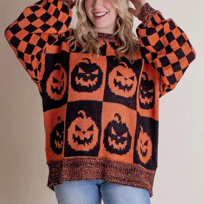 Ghost/pumpkin Checkerboard Print Pullover Sweater