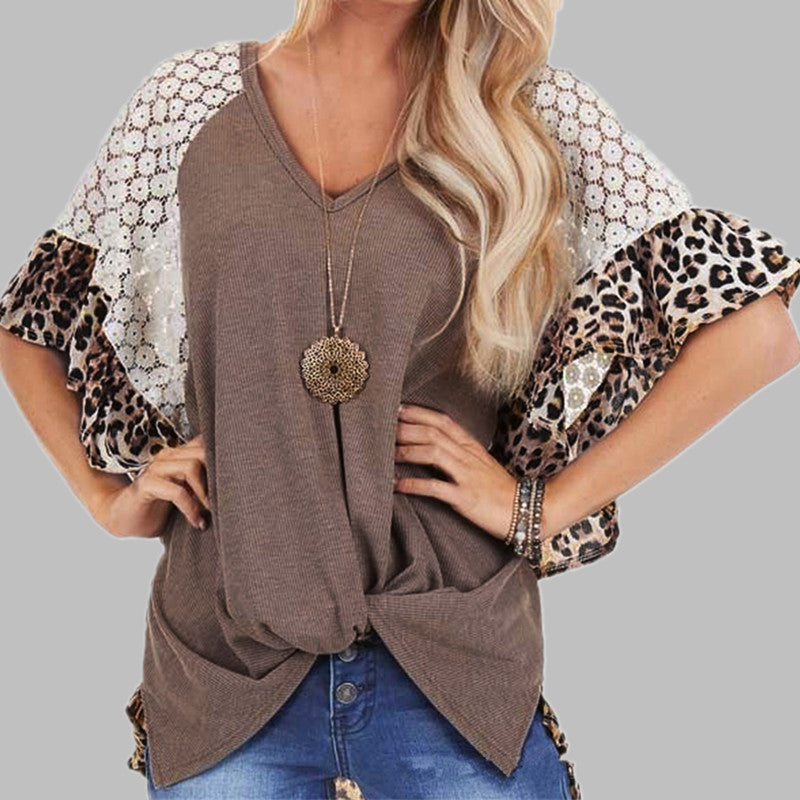 Leopard Patchwork T-shirt Women (Loose V-neck Top with Batwing Sleeves) - Frazeshop