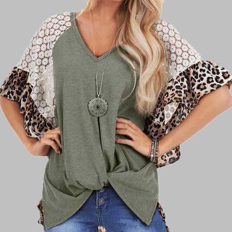 Leopard Patchwork T-shirt Women (Loose V-neck Top with Batwing Sleeves) - Frazeshop