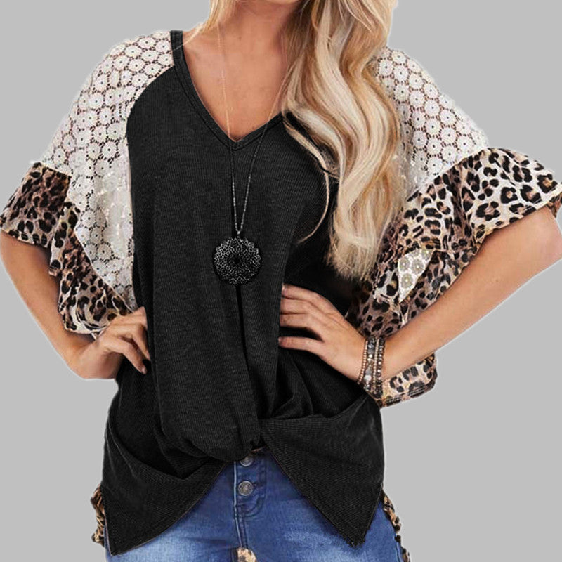 Leopard Patchwork T-shirt Women (Loose V-neck Top with Batwing Sleeves) - Frazeshop