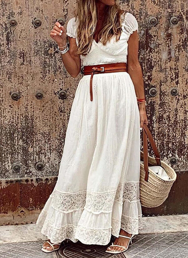 Women's Long Lace Stitching Elegant Dress - Frazeshop