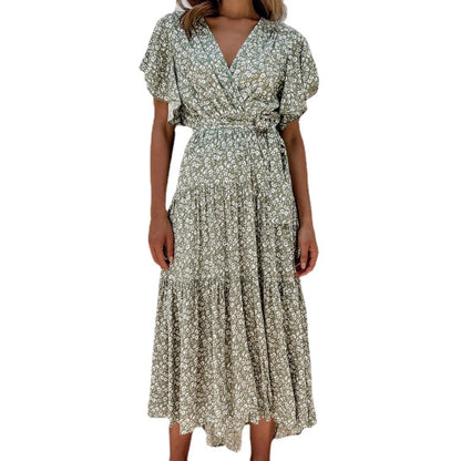 Temperament Commuter Print V-Neck Lace Ladies Dress - Frazeshop