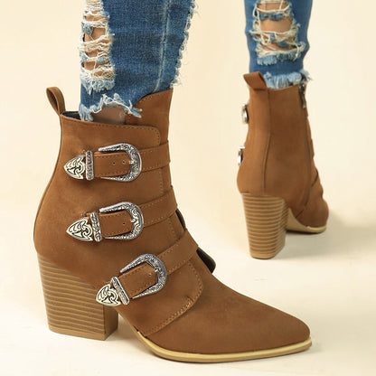 Retro Mid-calf Boots | Pointed Toe Boots With Belt Buckle Design