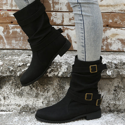 Low Heel Vintage Adjustable Buckle Boots - Frazeshop