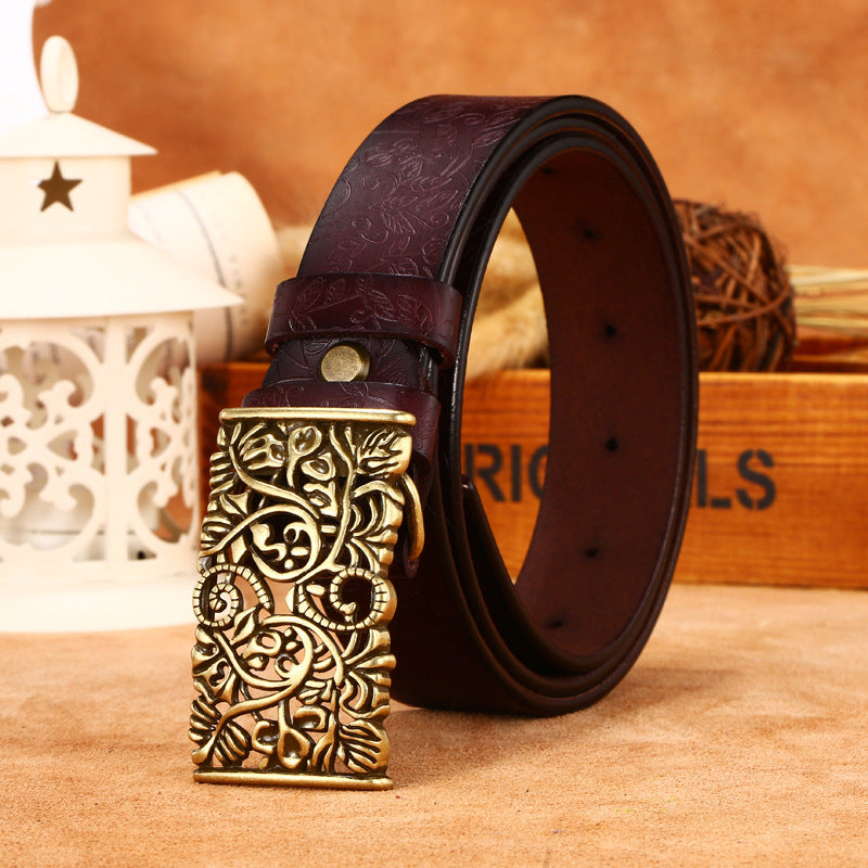 Ladies Leather Engraved With Hollow Buckle Printed Cowhide Belt - Frazeshop