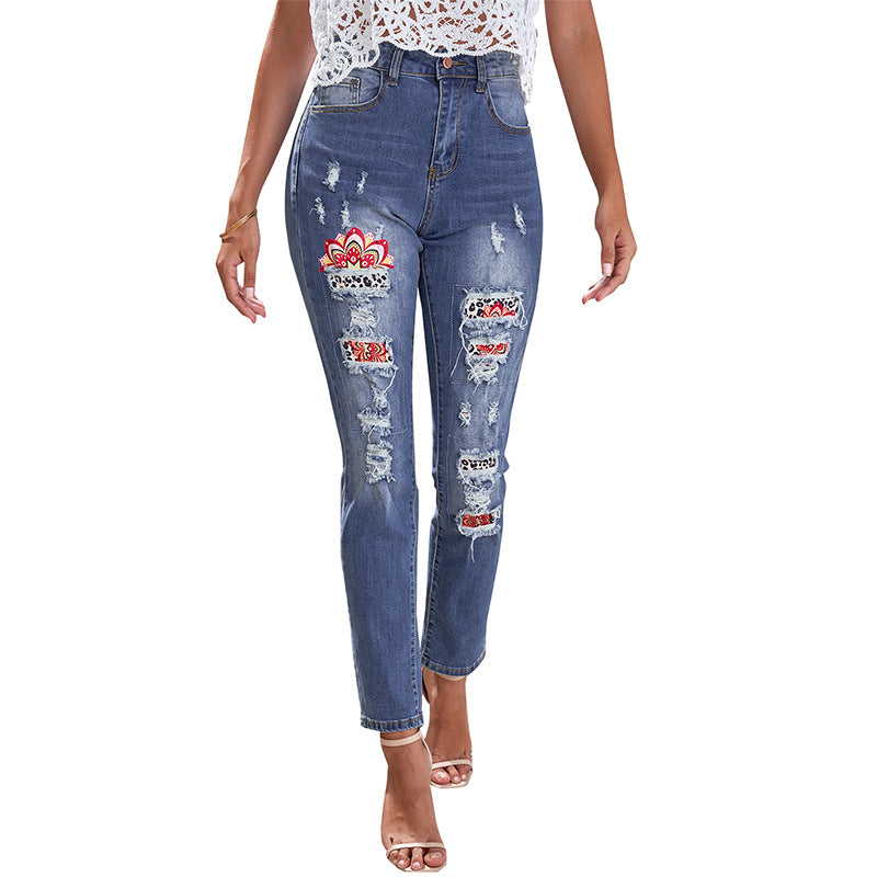 Ripped Jeans Women's Ethnic Style High Waist - Frazeshop