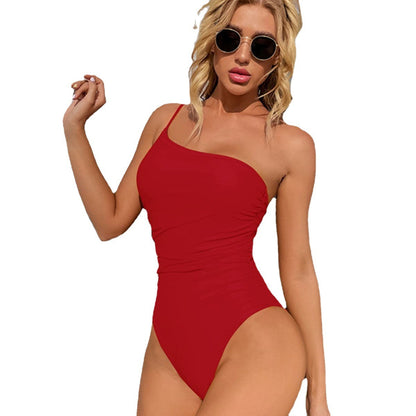 Women's One Shoulder Solid One Piece Swimsuit - Frazeshop