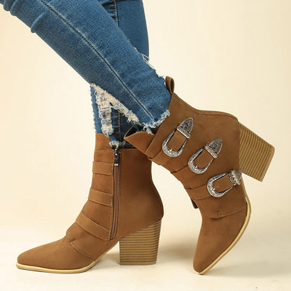 Retro Mid-calf Boots | Pointed Toe Boots With Belt Buckle Design