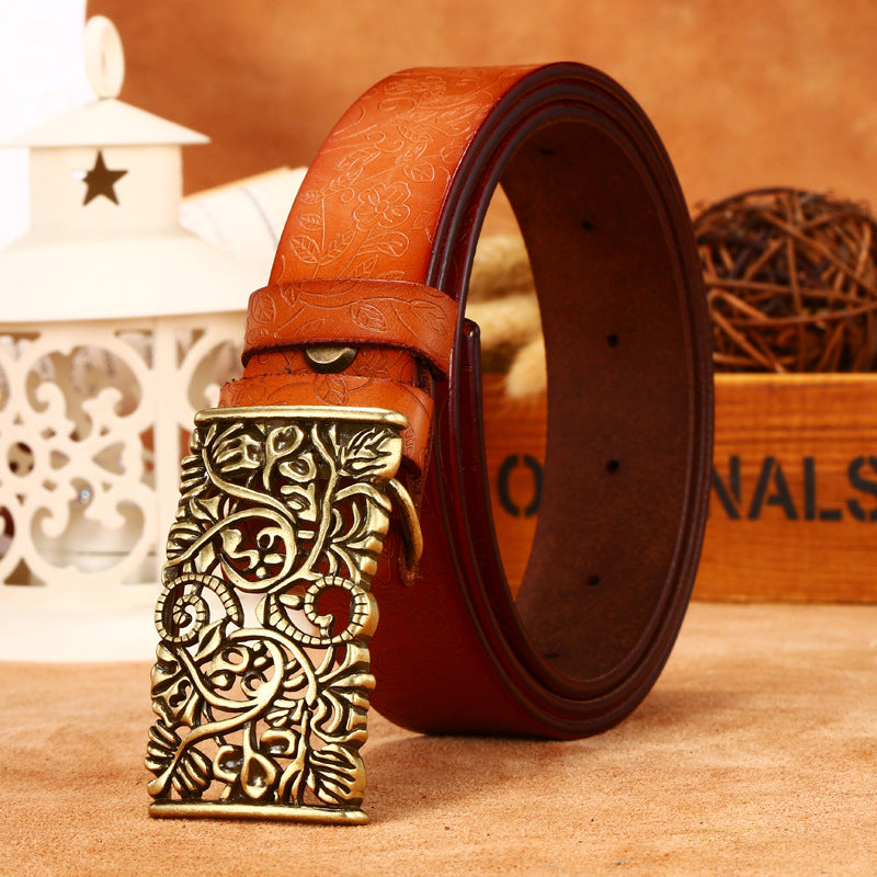 Ladies Leather Engraved With Hollow Buckle Printed Cowhide Belt - Frazeshop