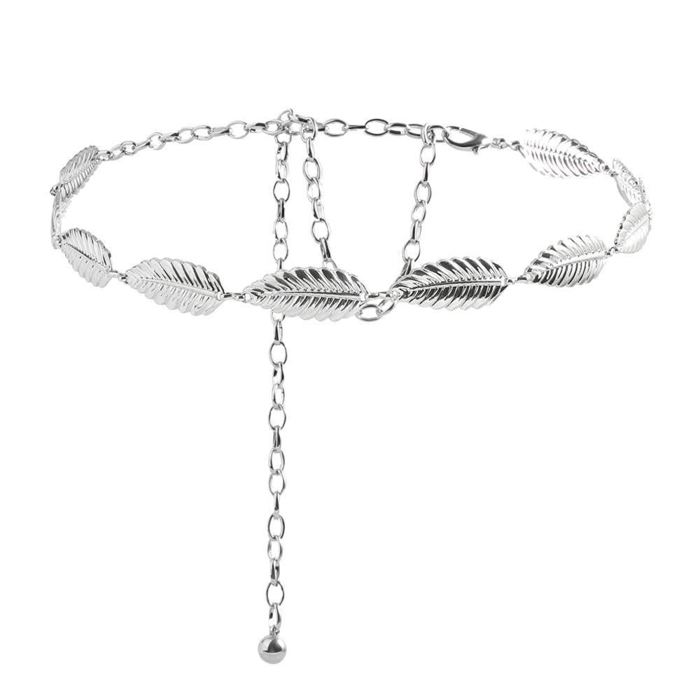 Metallic Silver Women's Waist Chain (Feather Leaves Design) - Frazeshop