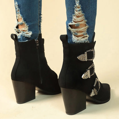 Retro Mid-calf Boots | Pointed Toe Boots With Belt Buckle Design