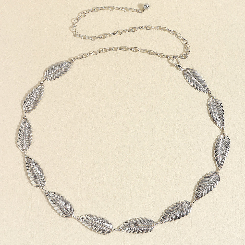 Metallic Silver Women's Waist Chain (Feather Leaves Design) - Frazeshop