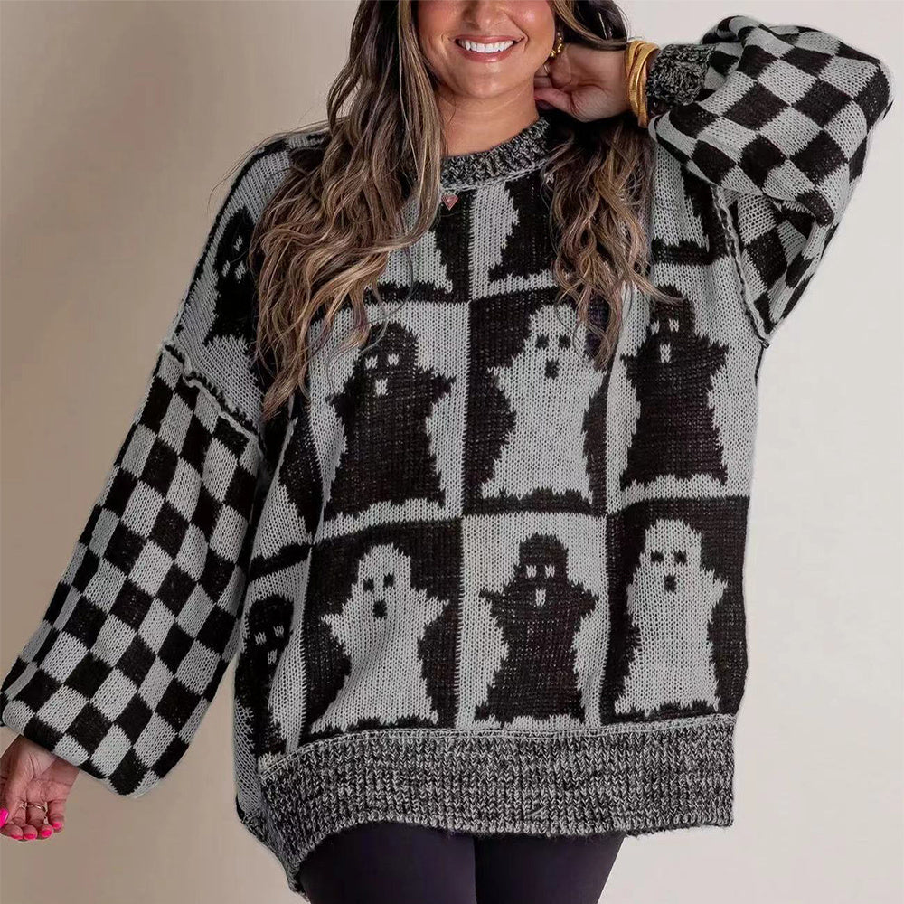 Ghost/pumpkin Checkerboard Print Pullover Sweater