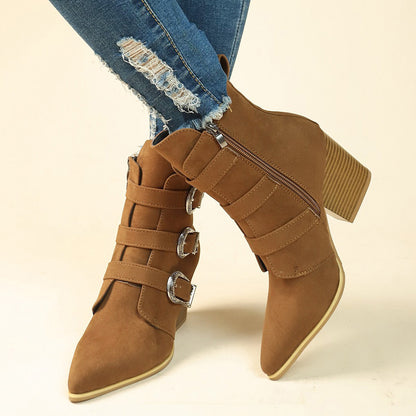 Retro Mid-calf Boots | Pointed Toe Boots With Belt Buckle Design