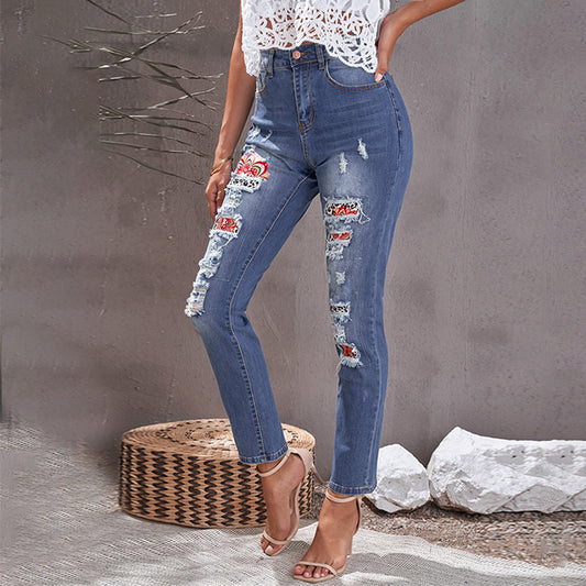 Ripped Jeans Women's Ethnic Style High Waist - Frazeshop