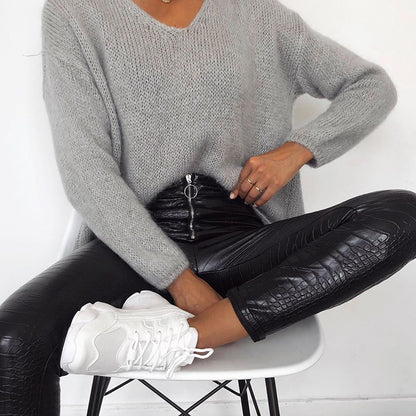 High-Waisted Crocodile Pattern Skinny Pants