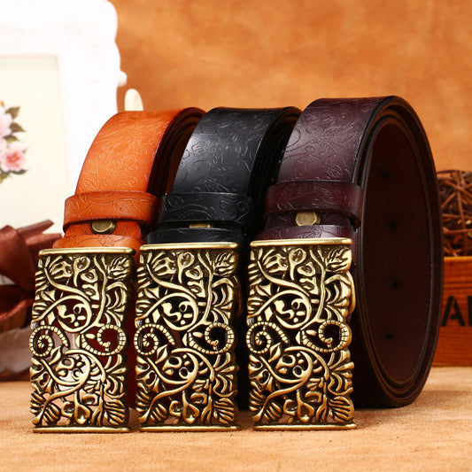 Ladies Leather Engraved With Hollow Buckle Printed Cowhide Belt - Frazeshop