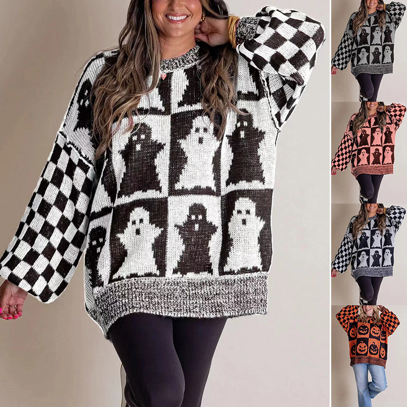 Ghost/pumpkin Checkerboard Print Pullover Sweater