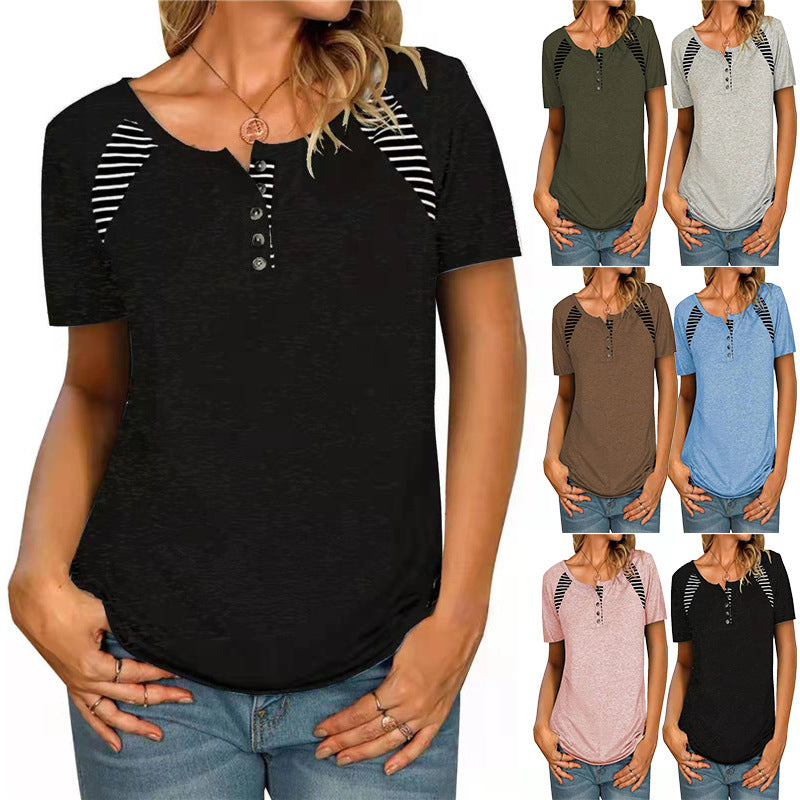 Womens Short Sleeve Printed Striped Casual TShirt Top - Frazeshop