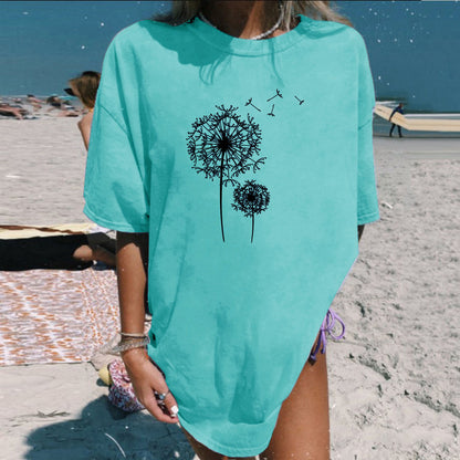 Summer Plus Size Women's Clothes Dandelion Printed Mid-length T-shirt - Frazeshop