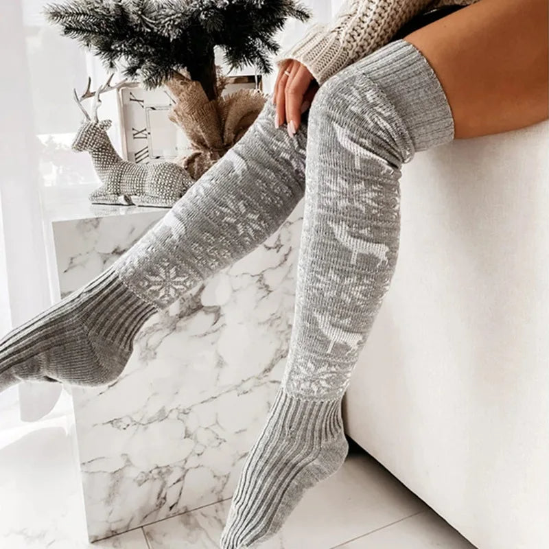 Winter Christmas Warm Knitted Women Stocking Beautiful Elk Snowflake Jacquard Over-the-knee Casual Long Socks For Ladies Gifts Free Size - Frazeshop