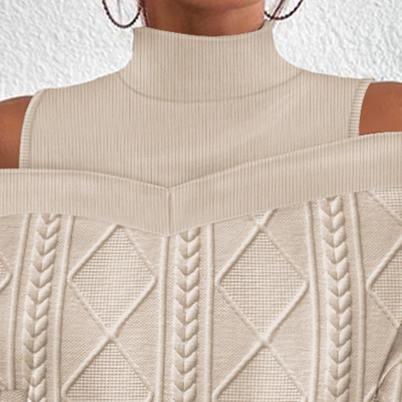 European And American Twist Patchwork Cold-shoulder Long-sleeved Top - Frazeshop