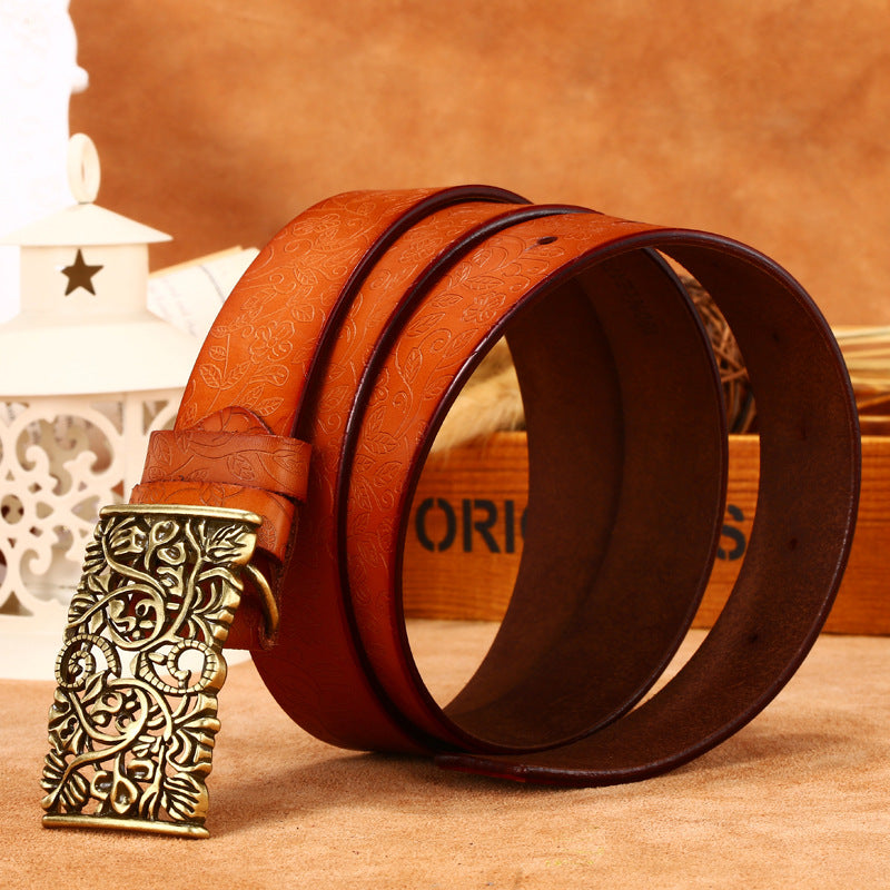 Ladies Leather Engraved With Hollow Buckle Printed Cowhide Belt - Frazeshop