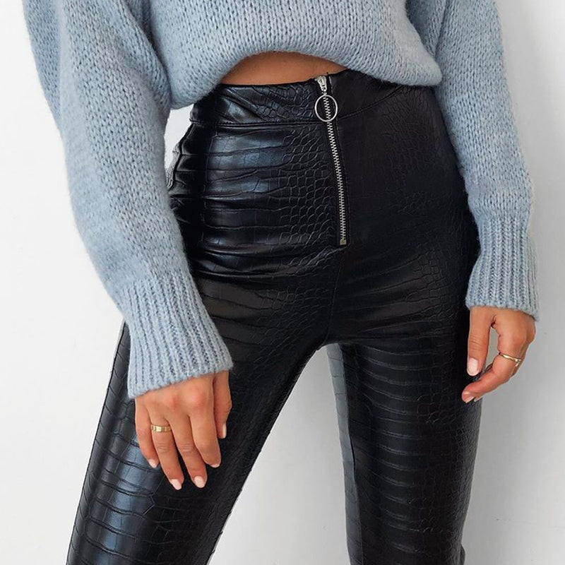 High-Waisted Crocodile Pattern Skinny Pants