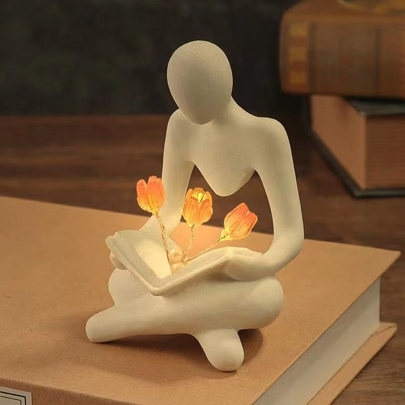 Nordic Abstract Thinker Statue Lights Creative Reader Tulip Book Sculpture Night Lamp Desk Bookshelf Figurines Decor - Frazeshop